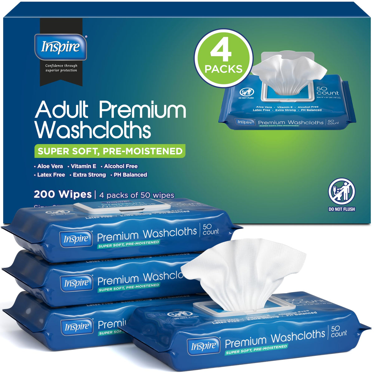 Inspire Adult Wet Wipes, Wash Cloths | Adult Wipes for Incontinence & Cleansing for Elderly, 8"x12" Count 12 packs of 50