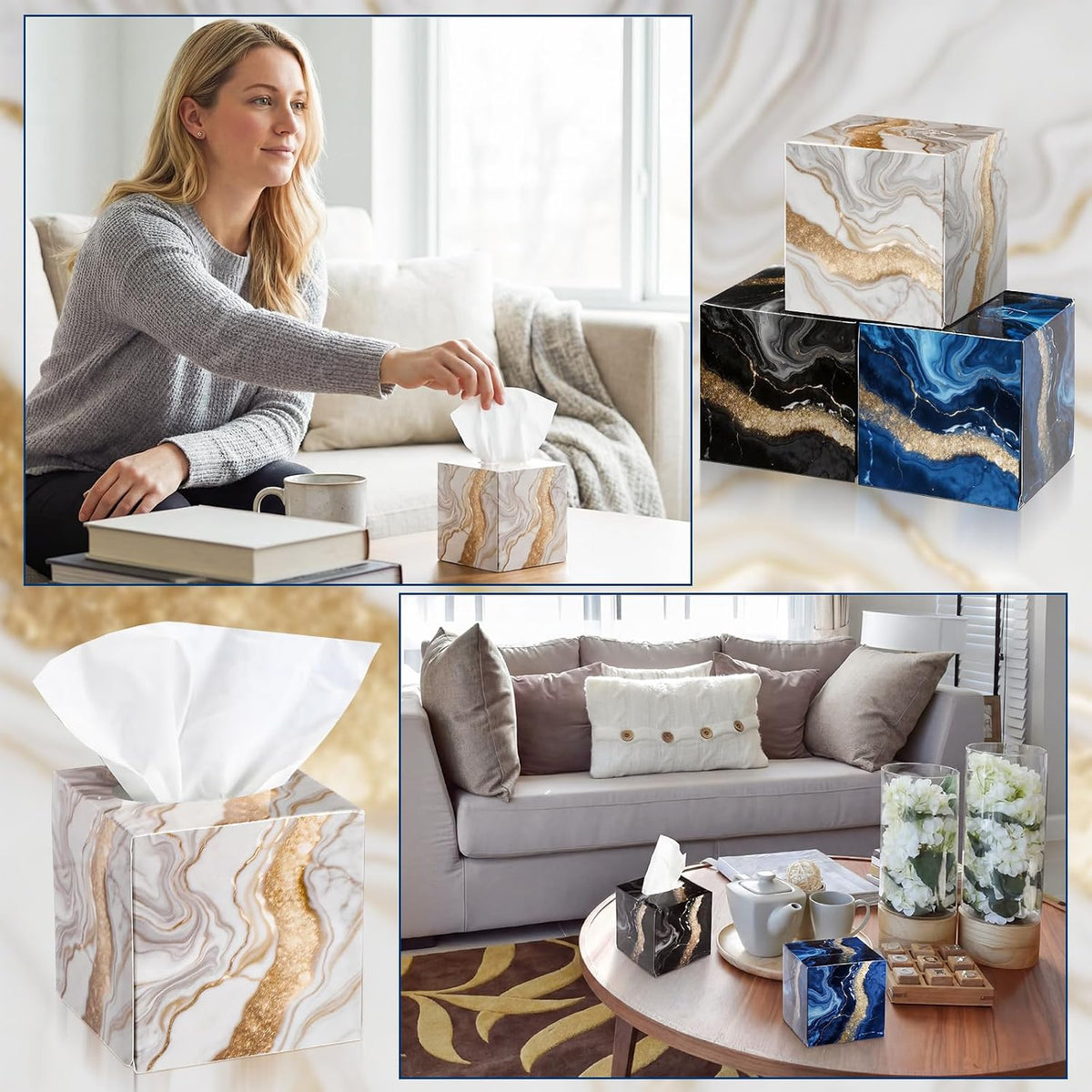 12 Pack Farmhouse Facial Tissues Cube Boxes 600 Sheets 3 Ply Small Square Home Face Tissues Bulk for Housewarming Gifts and Summer Home Decor(Marble Pattern)