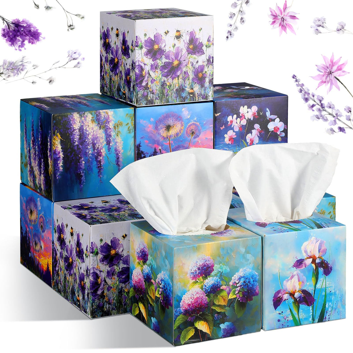 Fourluoo 12 Pack Fall Floral Facial Tissue Cube Boxes, 600 Sheet 3 Ply