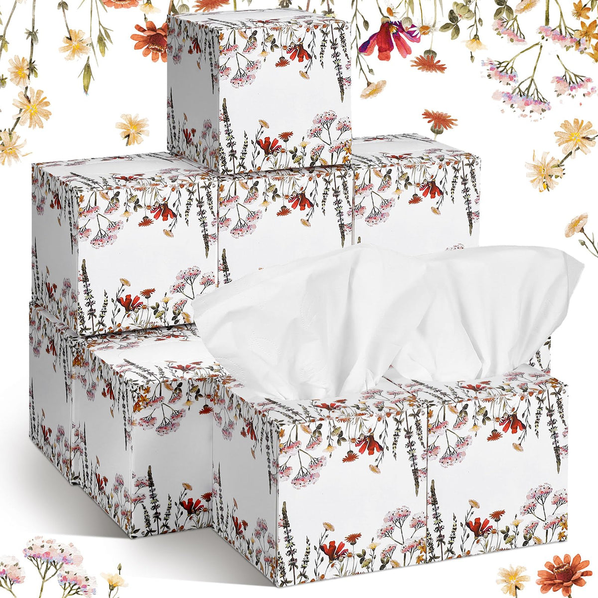 Fourluoo 12 Pack Fall Floral Facial Tissue Cube Boxes, 600 Sheet 3 Ply