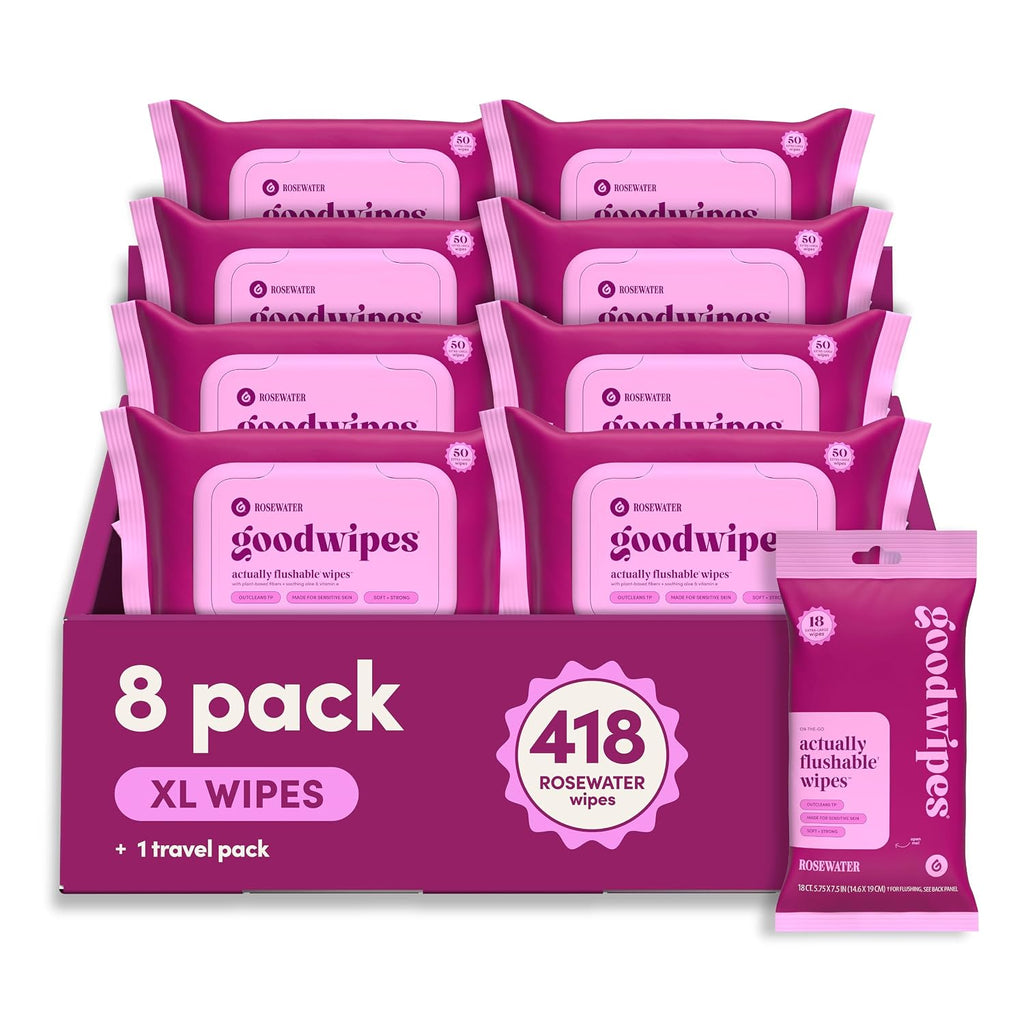 goodwipes Flushable Wipes - Rosewater, 418 Wipes (8 Pack + 1 Travel Pack)