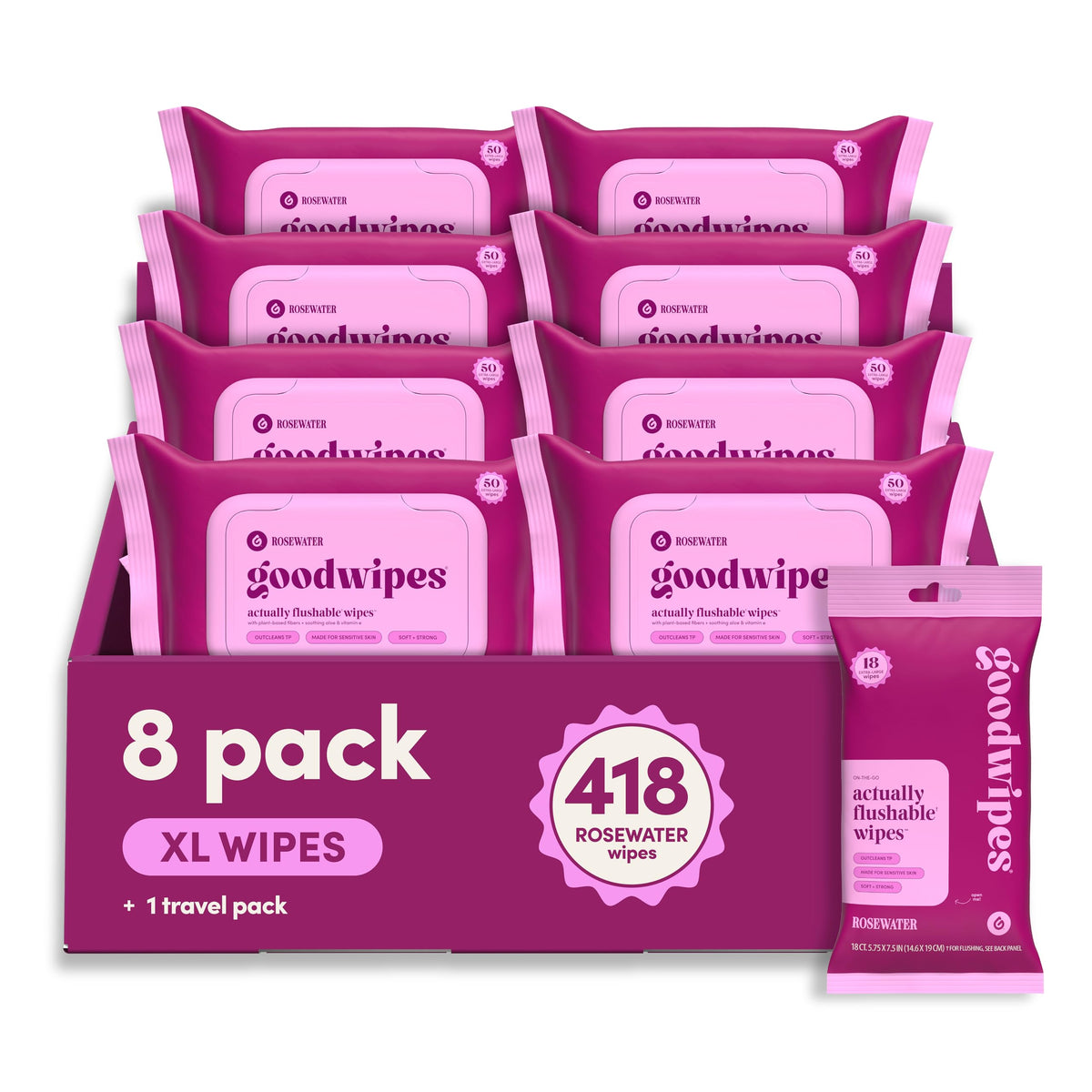 goodwipes Flushable Wipes - Lavender, 418 Wipes (8 Pack + 1 Travel Pack)
