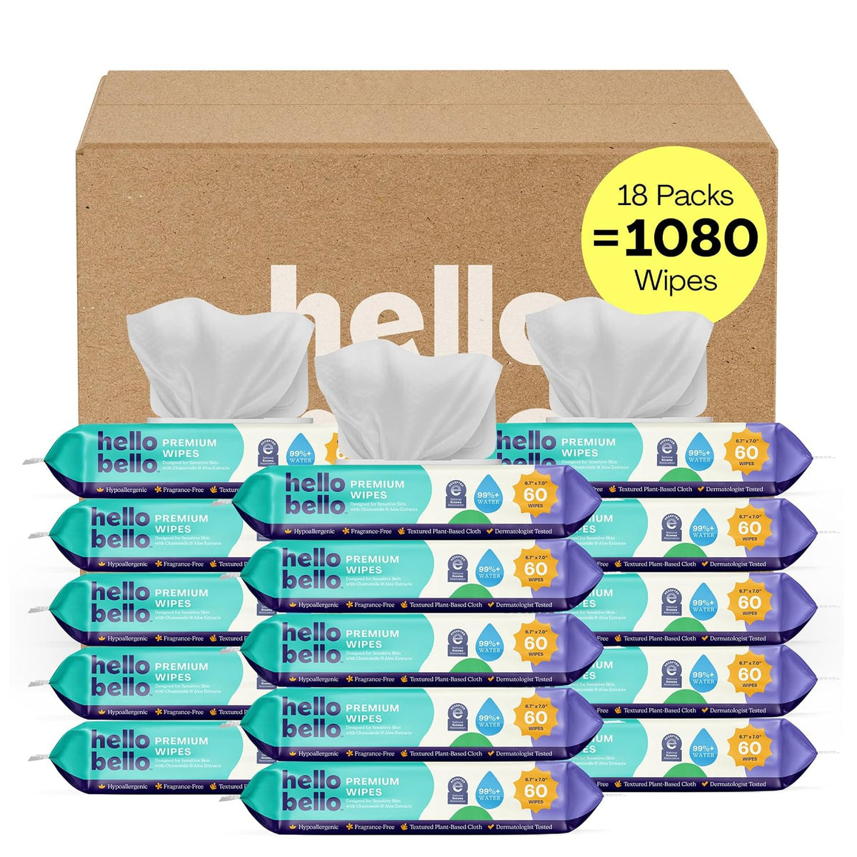 Hello Bello Baby Wipes, Fragrance-Free, 18 Resealable Packets = 1080ct