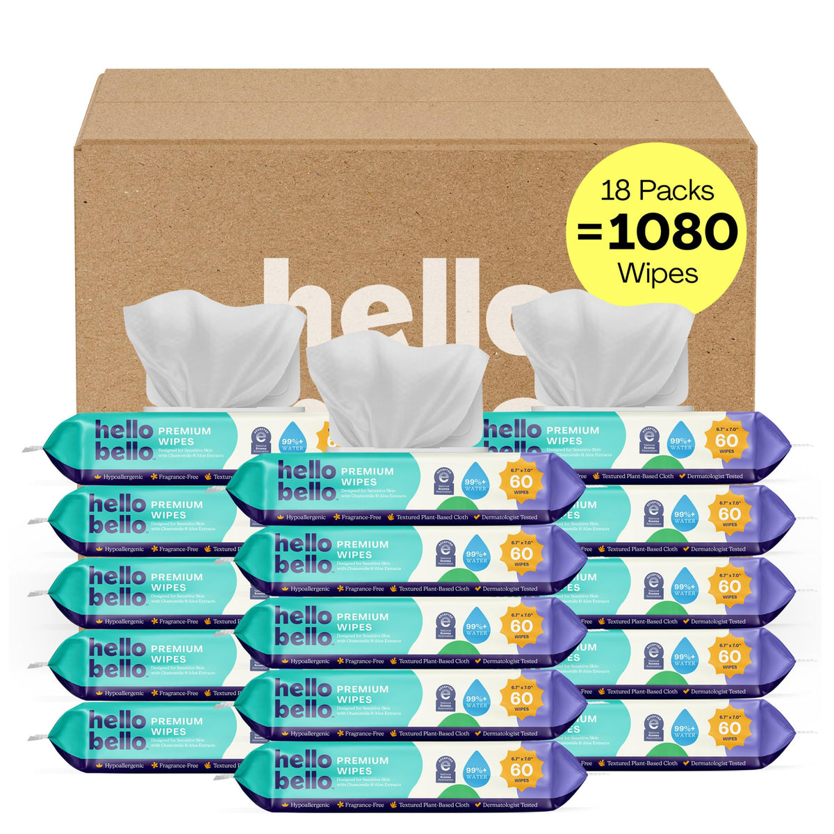 Hello Bello Baby Wipes, Fragrance-Free, 18 Resealable Packets = 1080ct