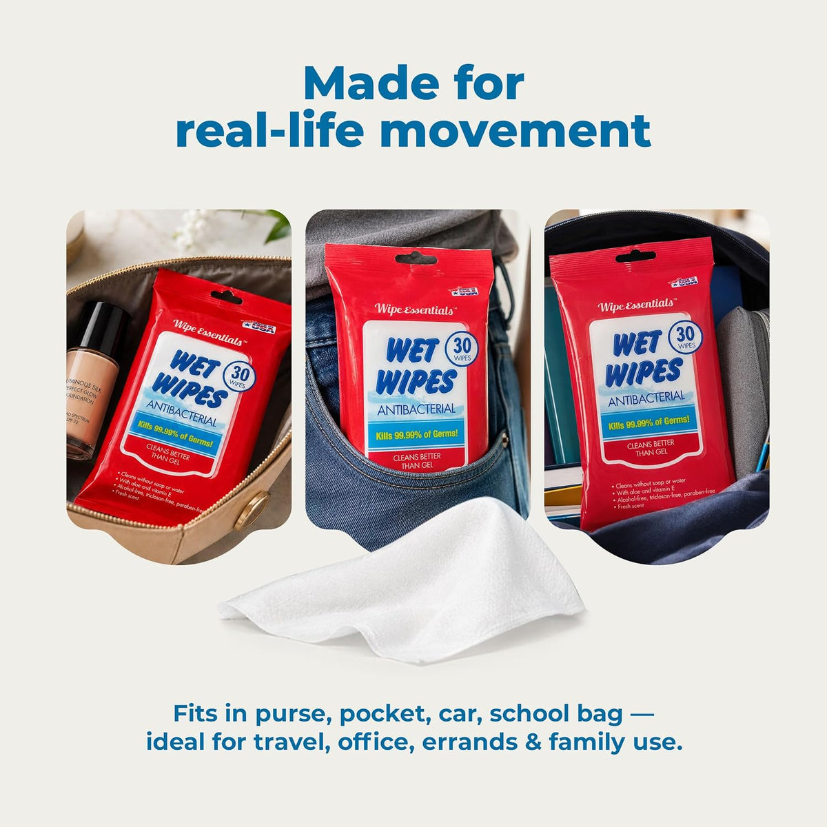 WipeEssentials Hand Sanitizer Wipes for Adults & Kids - 90 Count, 3 Packs