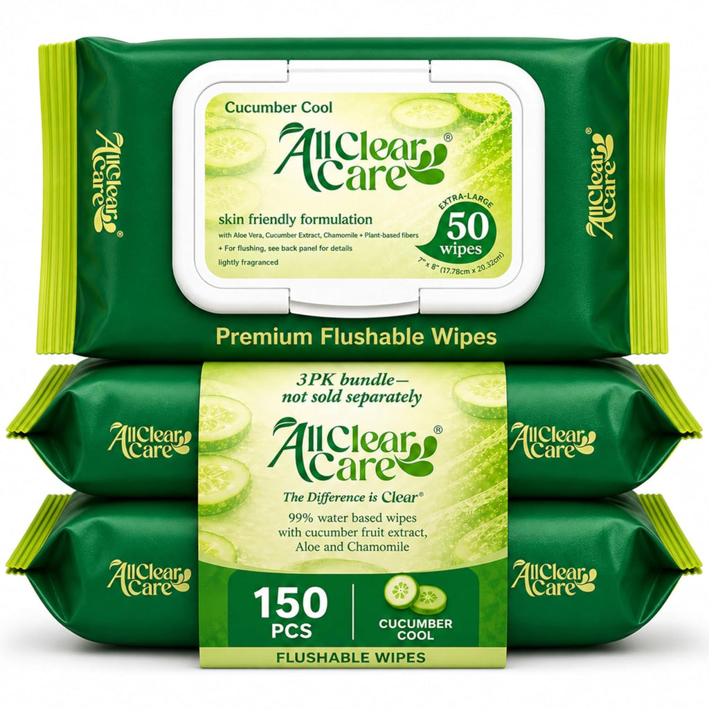 All Clear Care Flushable Wipes, Aloe, Cucumber and Chamomile, Sewer & Septic Safe, Extra Large Adult Wet Wipes, Cucumber Scent, 150 count (3 pack)