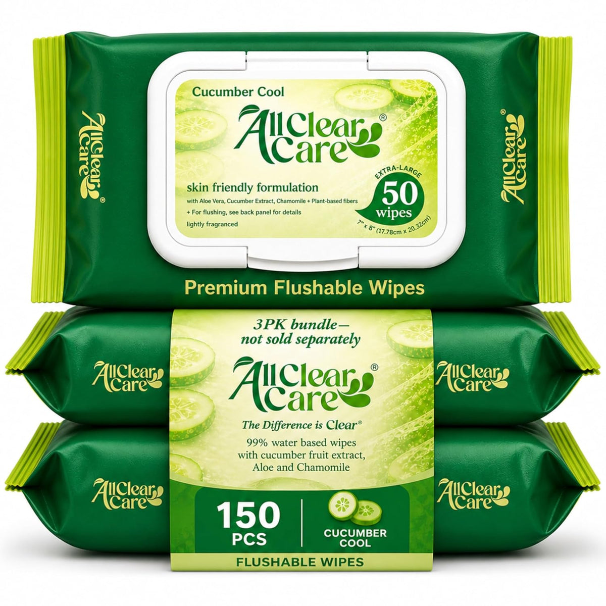 All Clear Care Flushable Wipes, Aloe, Cucumber and Chamomile, Sewer & Septic Safe, Extra Large Adult Wet Wipes, Cucumber Scent, 150 count (3 pack)