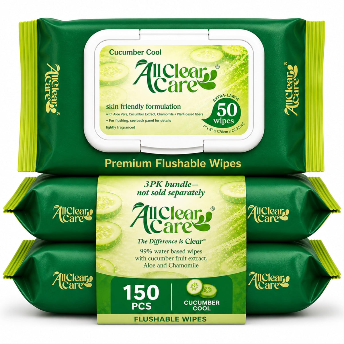 All Clear Care Flushable Wipes, Aloe, Cucumber and Chamomile, Sewer & Septic Safe, Extra Large Adult Wet Wipes, Cucumber Scent, 150 count (3 pack)