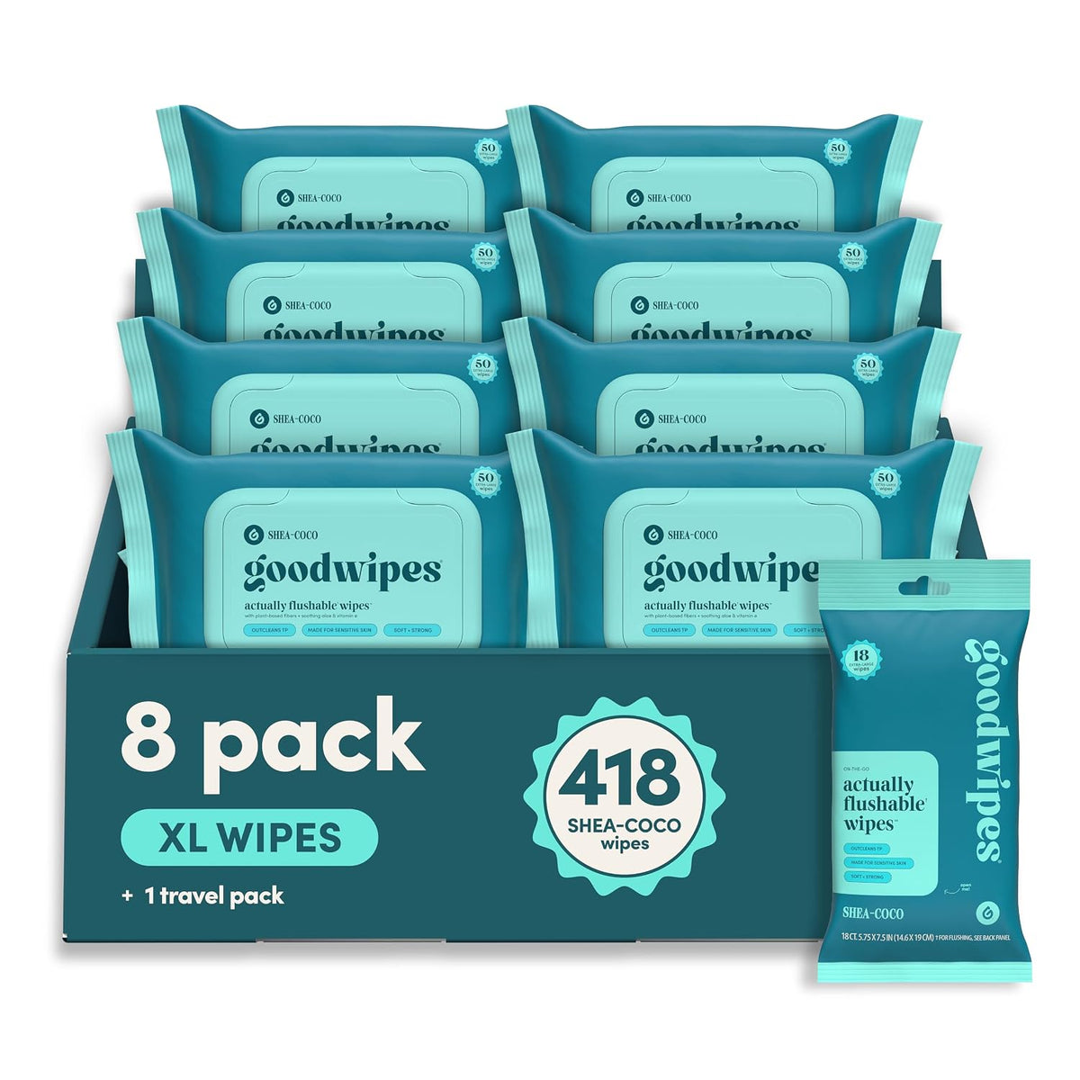 goodwipes Flushable Wipes - Shea-Coco, 418 Wipes (8 Pack + 1 Travel Pack)