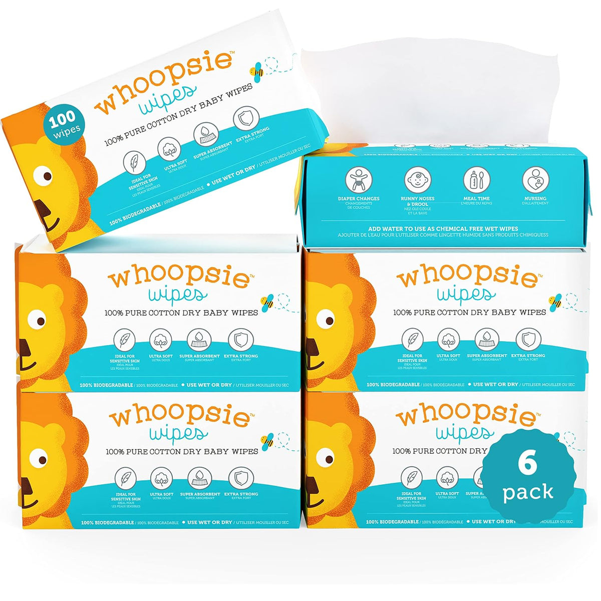 Whoopsie Wipes – The Original 100% Pure Cotton Dry Baby Wipes (600 Count)