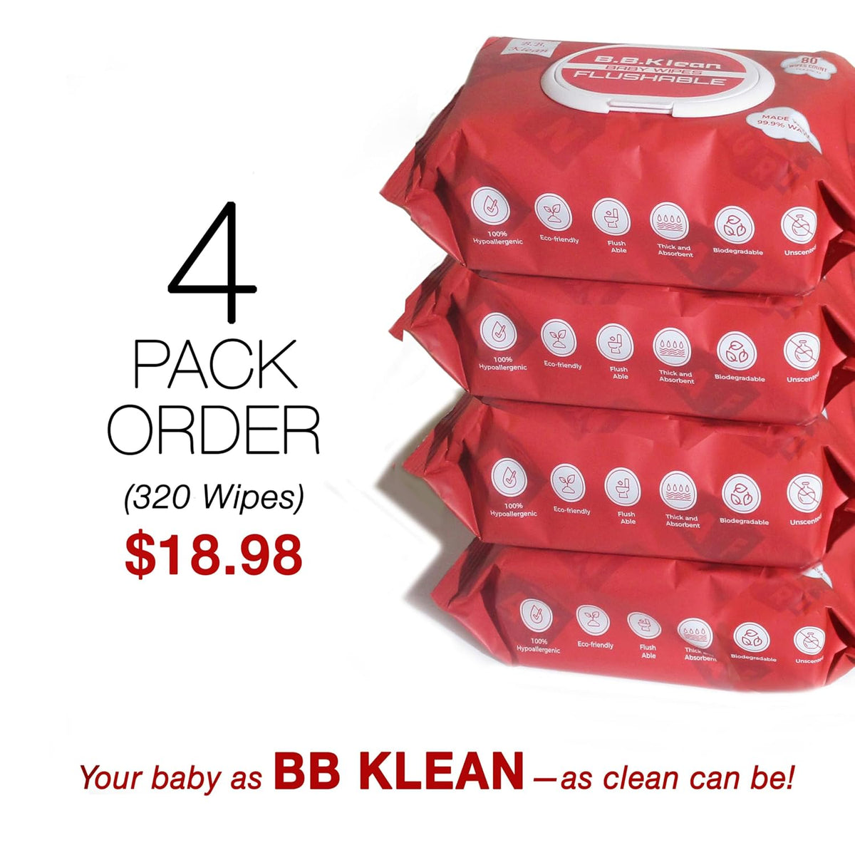 B.B. Klean Flushable Baby Wipes | Hypoallergenic | Sensitive Skin | Thick & Absorbent | Durable | Unscented | 99.9% Water | Eco-Friendly | 80 Wipes Inside (4)