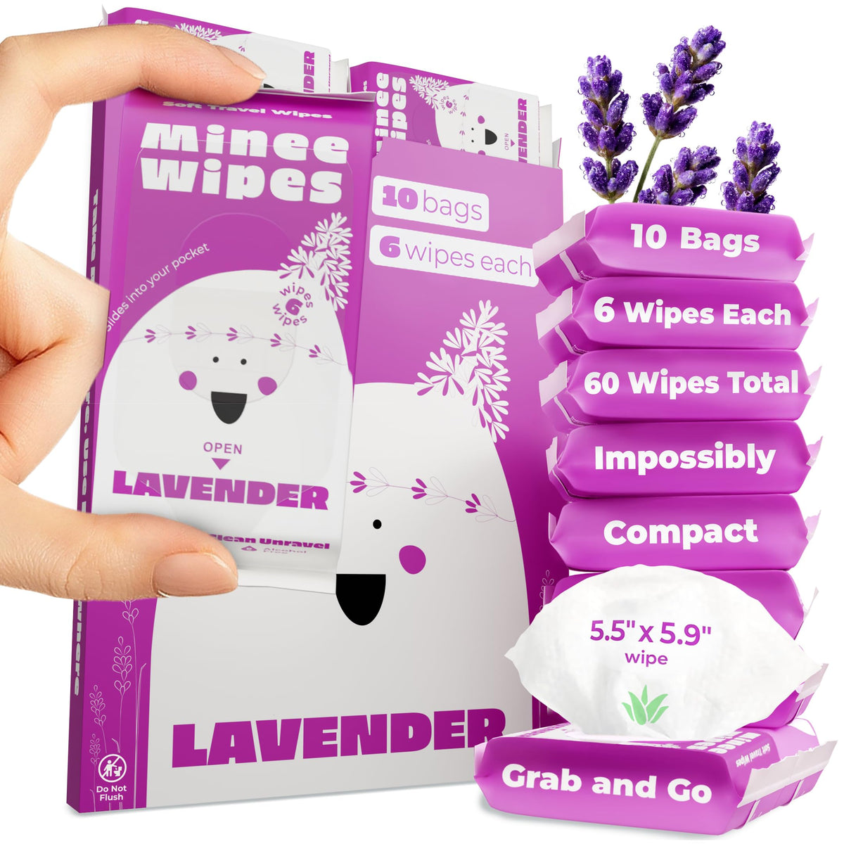 Impossibly Compact Travel Wipes - 99.5% Water - Safe for Sensitive Skin & Hypoallergenic, Resealable, Thick & Durable - For Adults & Kids - Unscented, 10 Pack Total 60 Wipes