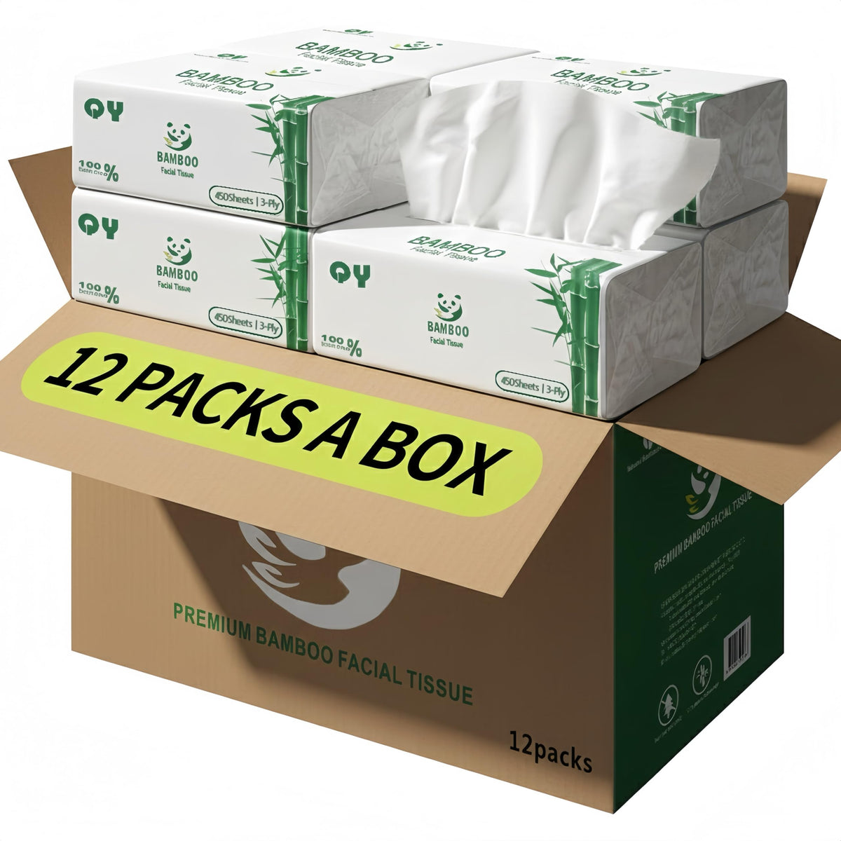 Soft Durable Bamboo Facial Tissues - 3 Ply Natural Unbleached Facial Paper Dry or Wet Use 12 Packs（134 Tissue per Pack, 1608 Tissues Total）