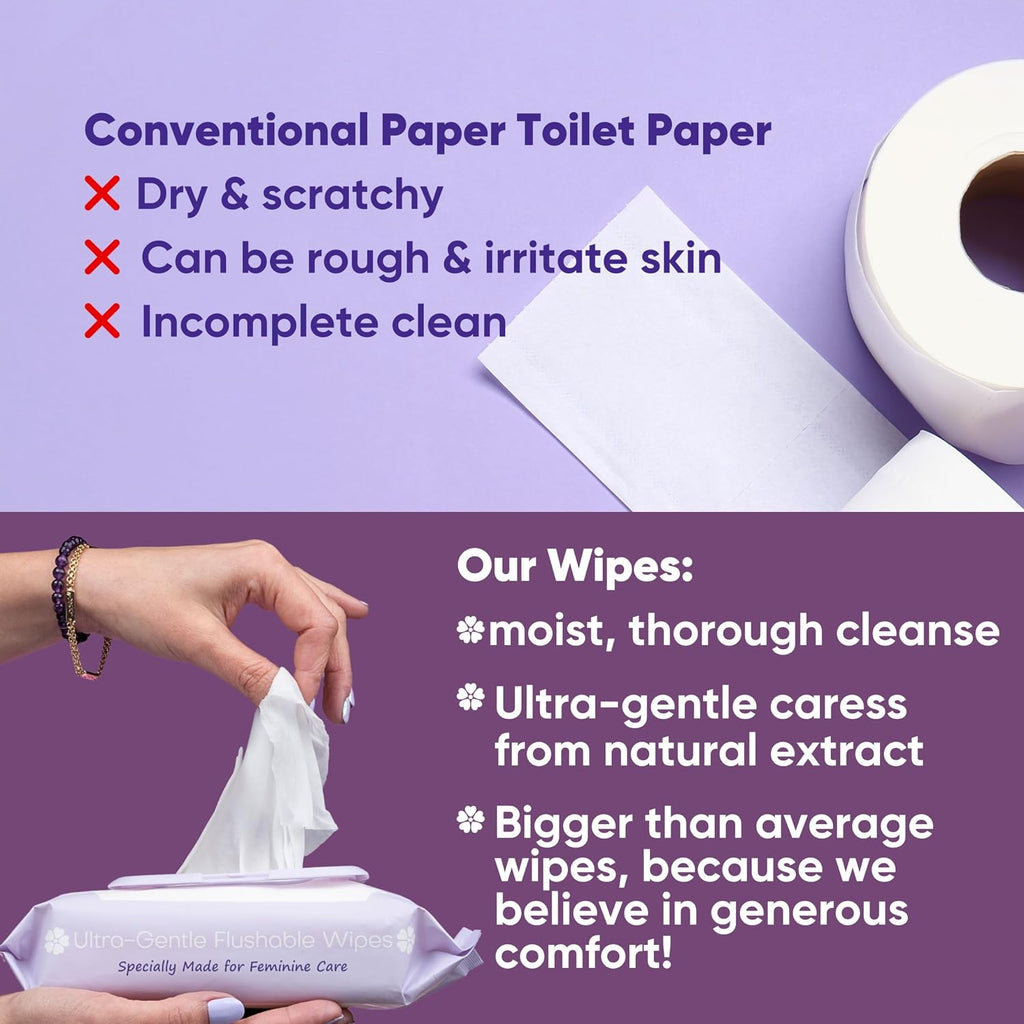 Violet Vibes Flushable Wipes for Women - Coconut Rose, 400 Count, Plant Based, Gentle on Sensitive Skin