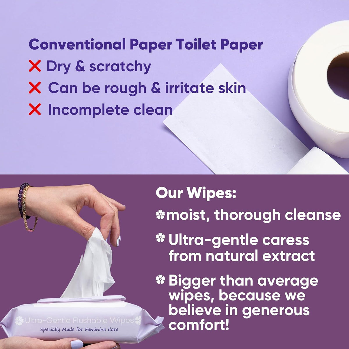 Violet Vibes Flushable Wipes for Women - Coconut Rose, 400 Count, Plant Based, Gentle on Sensitive Skin