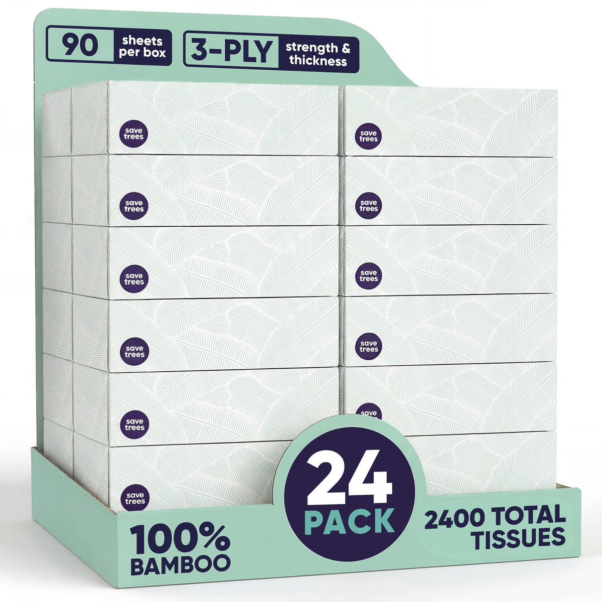 Save Trees Bamboo Facial Tissues - 4 Boxes of Eco-Friendly, 3-Ply Hypoallergenic Tissues, 90 Sheets per Box, FSC Certified, Plastic-Free Packaging, Soft & Gentle for Home Use