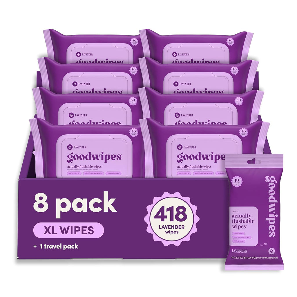 goodwipes Flushable Wipes - Lavender, 418 Wipes (8 Pack + 1 Travel Pack)