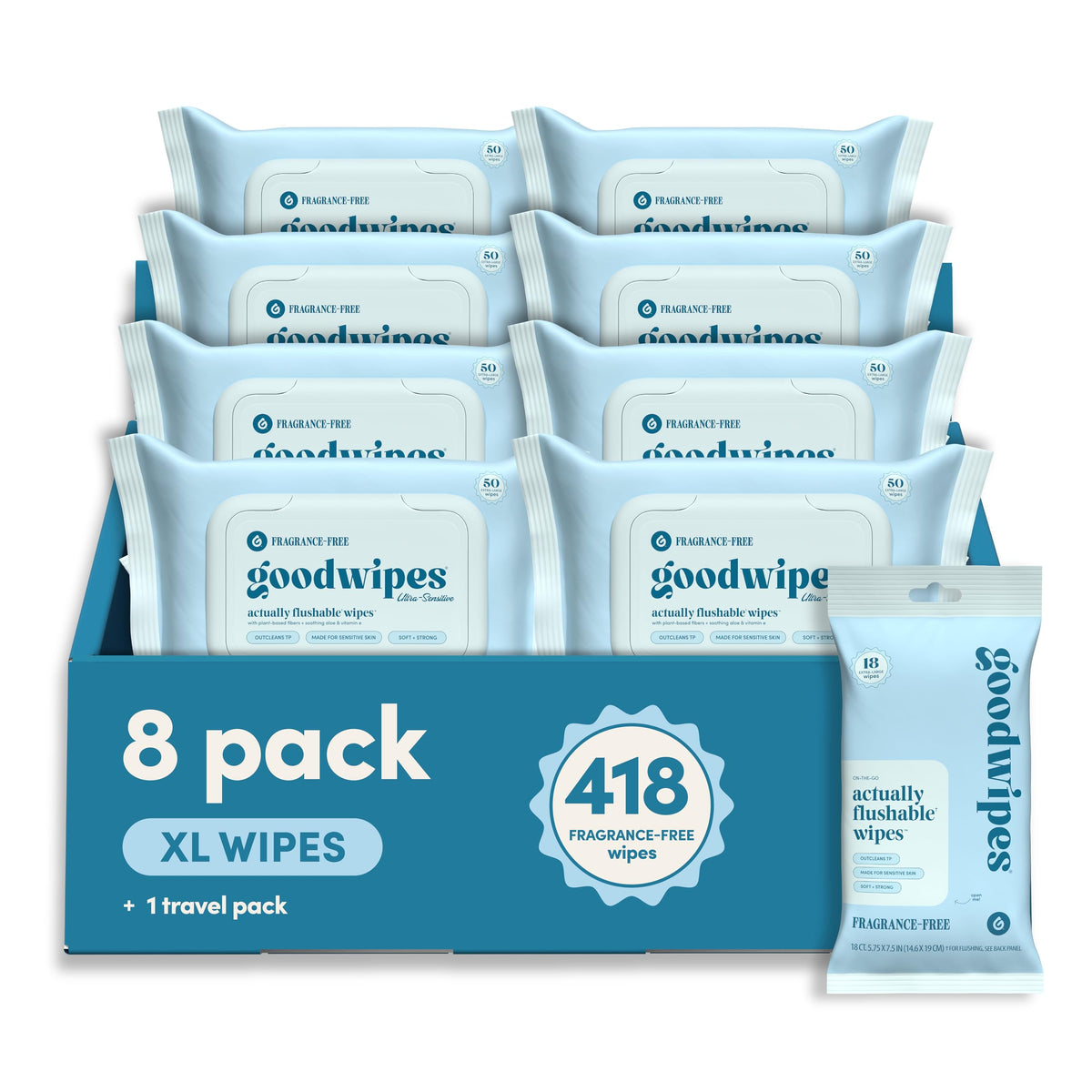 goodwipes Flushable Wipes - Lavender, 418 Wipes (8 Pack + 1 Travel Pack)