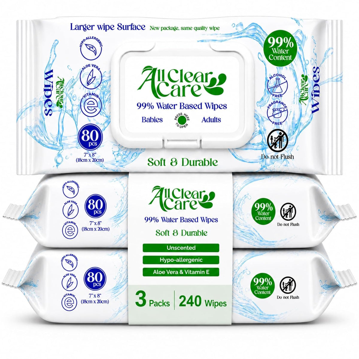 All Clear Care Baby Wipes, Unscented for Sensitive Skin, Large Soft Durable & 99% Water Based, Gentle & Hypoallergenic for Babies & Adults, Vitamin E and Aloe, Flip Top Lid, 3 Pack (240 Wipes)