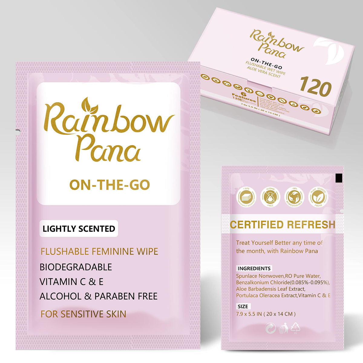 RainbowPana Flushable Wipes - 120 Count, ON-THE-GO Individually Wrapped - Travel Butt Wipes for Men and Women, Family - Infused with Vitamin E and Natural Aloe, pH Balanced, Paraben/Fragrance/Alcohol Free, 100% Plant Sourced Fibers - Cleanse and Moisturiz