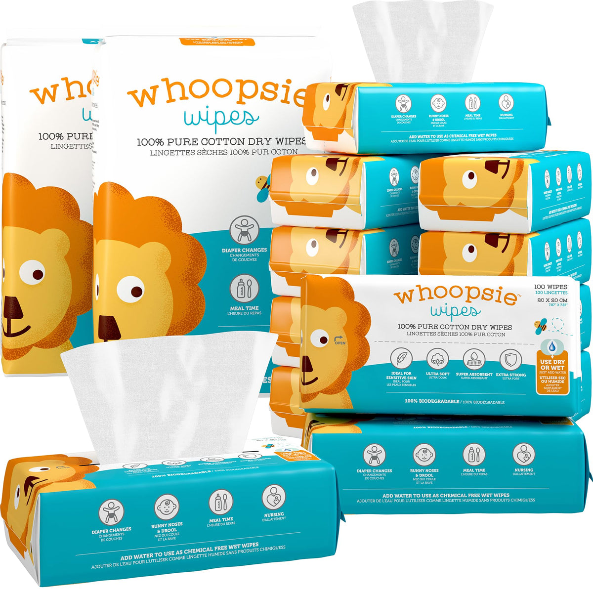 Whoopsie Wipes – The Original 100% Pure Cotton Dry Baby Wipes (600 Count)