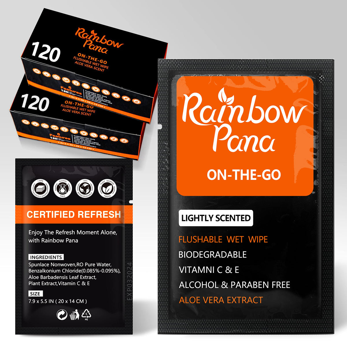 RainbowPana Flushable Wipes - 120 Count, ON-THE-GO Individually Wrapped - Travel Butt Wipes for Men and Women, Family - Infused with Vitamin E and Natural Aloe, pH Balanced, Paraben/Fragrance/Alcohol Free, 100% Plant Sourced Fibers - Cleanse and Moisturiz