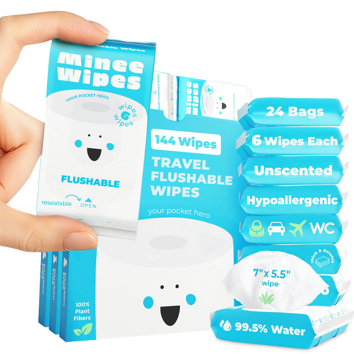 Impossibly Compact Travel Flushable Wipes - 99.5% Water and Aloe - Safe for Sensitive Skin & Hypoallergenic - Travel Essentials for Adults & Kids, Unscented, 8 Pack 48 Wipes