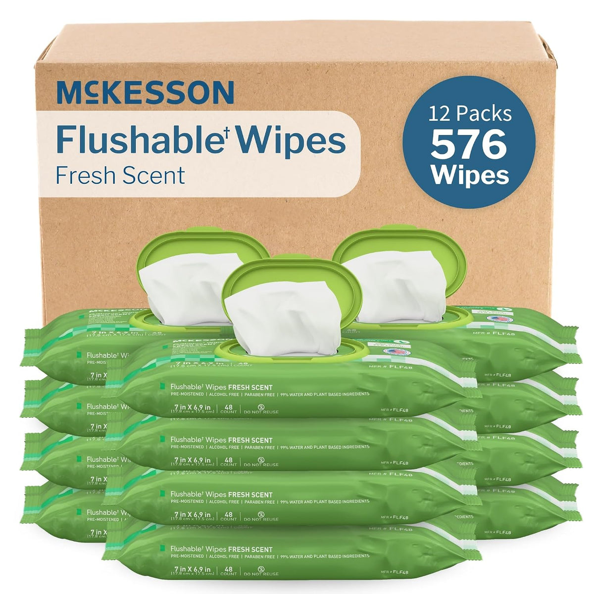 McKesson Flushable Adult Wet Wipes, Scented, 576 Wipes (12 Pack of 48)
