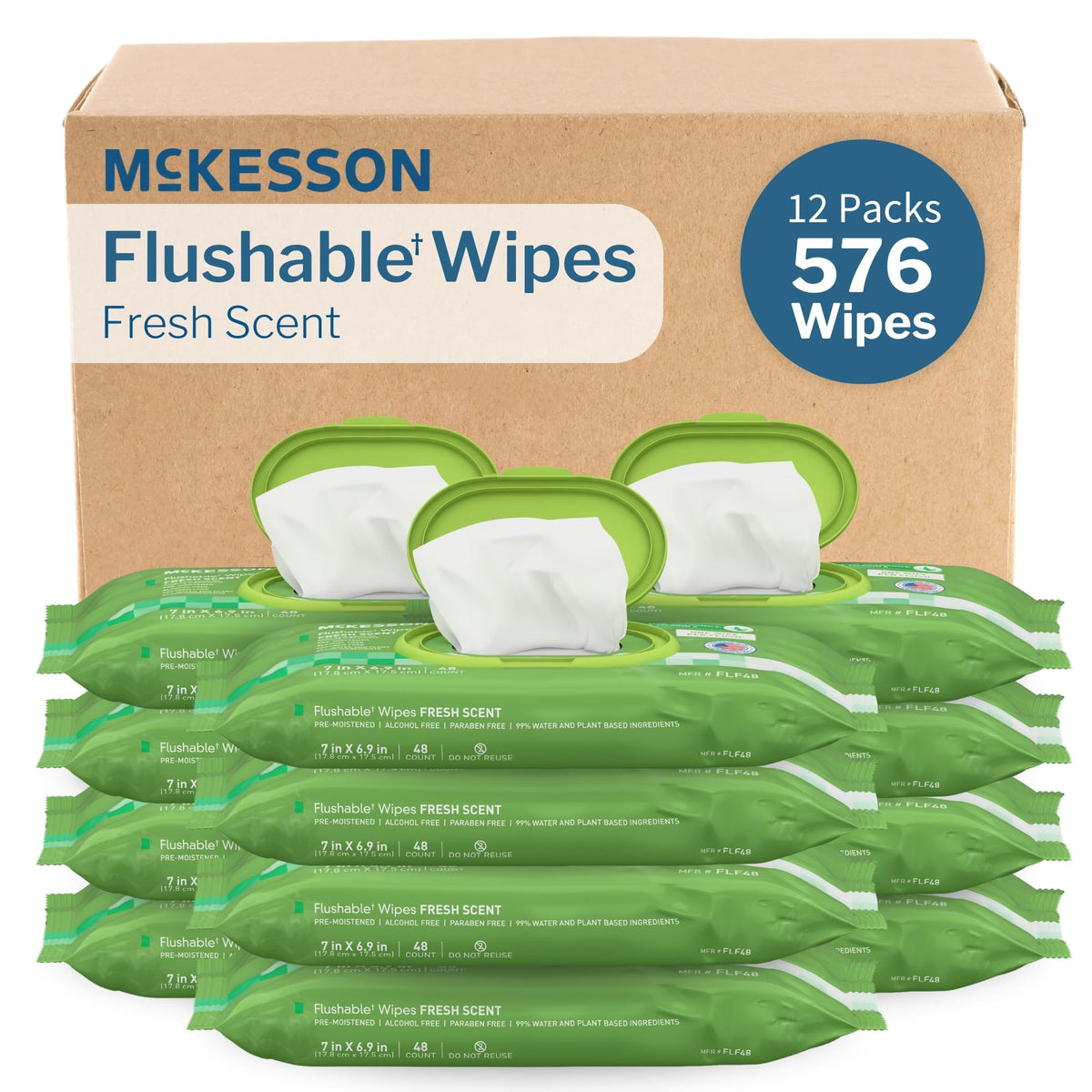 McKesson Flushable Adult Wet Wipes, Scented, 576 Wipes (12 Pack of 48)