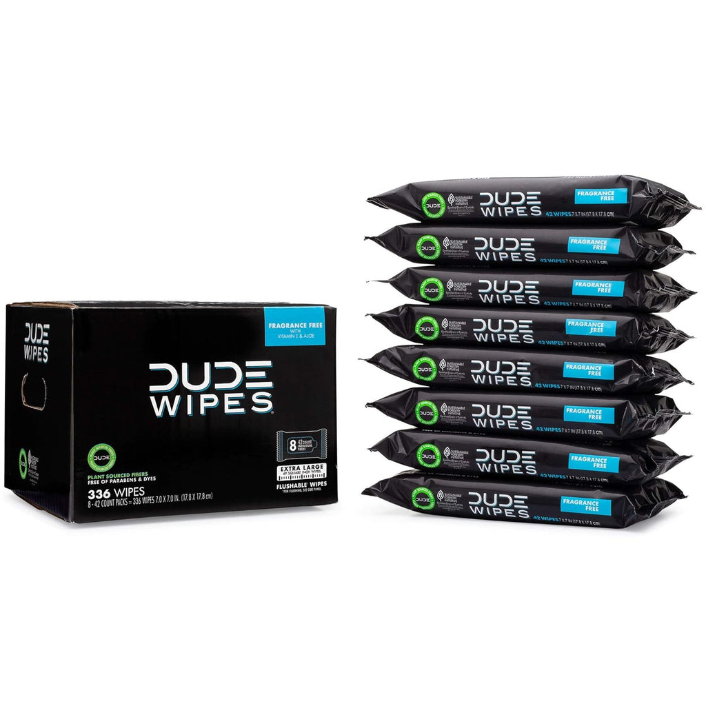 DUDE Wipes - Flushable Wipes - 8 Pack, 336 Count - Unscented Extra-Large Adult - Vitamin-E & Aloe - Septic and Sewer Safe