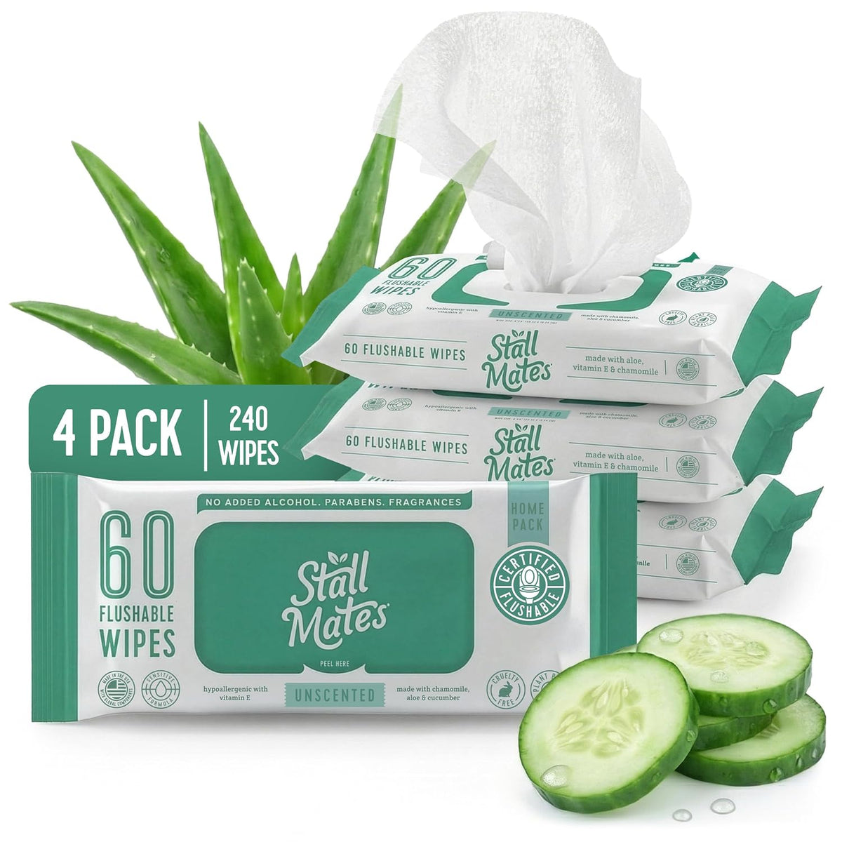 Stall Mates Flushable Wipes, 60-Wipe Home Pack, Unscented, 4 Pack