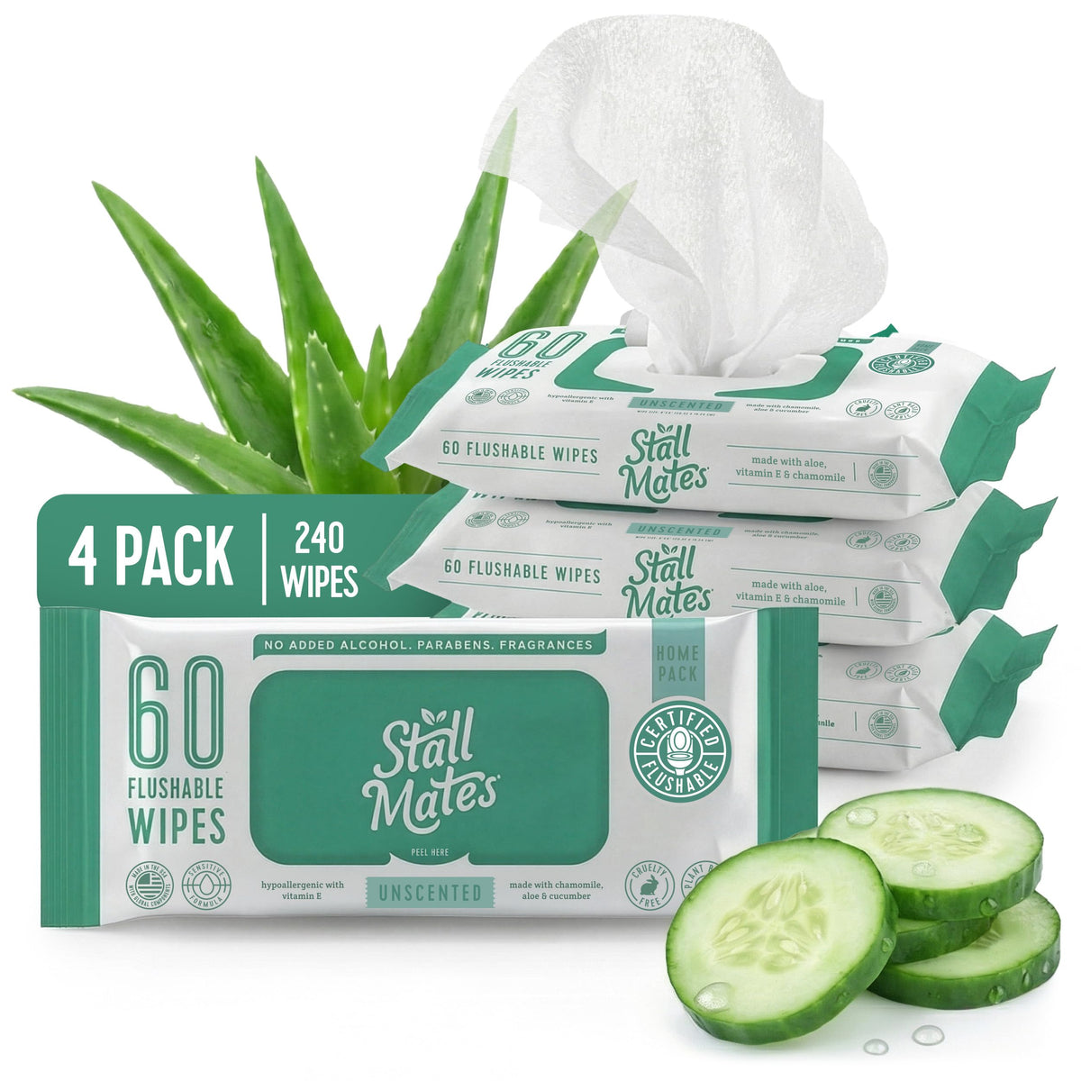 Stall Mates Flushable Wipes, 60-Wipe Home Pack, Unscented, 4 Pack
