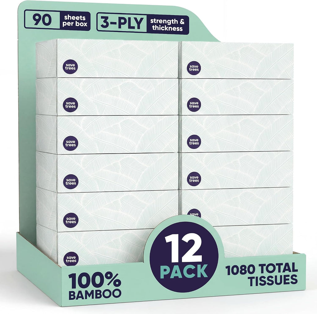 Save Trees Bamboo Facial Tissues - 12 Boxes of Eco-Friendly, 3-Ply Hypoallergenic Tissues, 90 Sheets per Box, FSC Certified, Plastic-Free Packaging, Soft & Gentle for Home Use