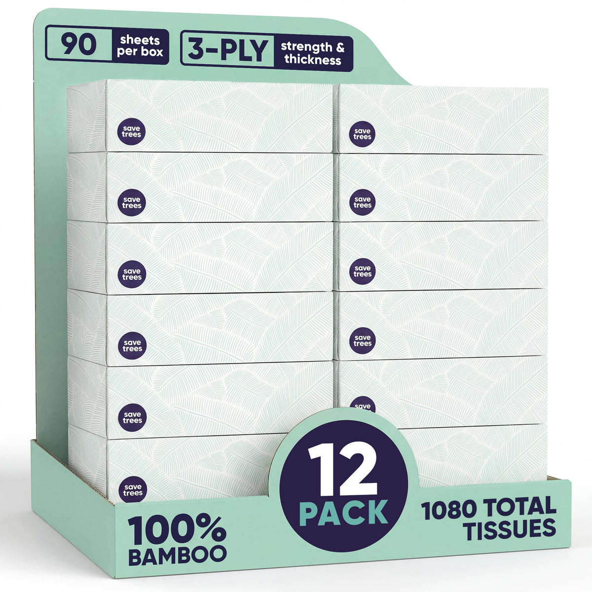 Save Trees Bamboo Facial Tissues - 4 Boxes of Eco-Friendly, 3-Ply Hypoallergenic Tissues, 90 Sheets per Box, FSC Certified, Plastic-Free Packaging, Soft & Gentle for Home Use