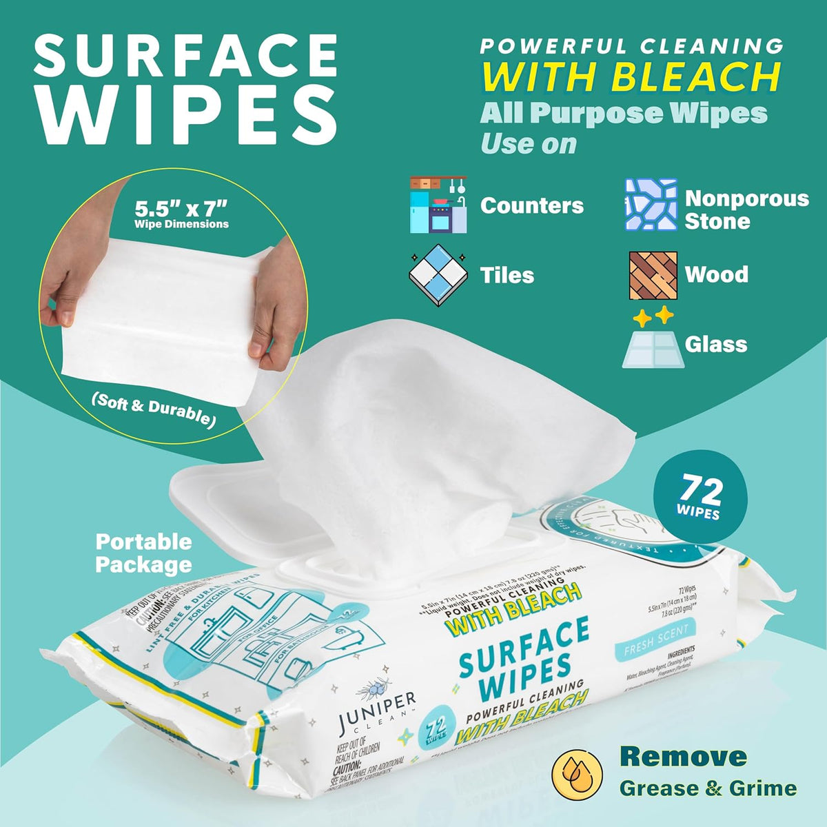 Juniper CLEAN 24 Pack Surface Cleaning Wipes with Bleach, All-Purpose Cleaner for Bathroom, Kitchen, Office, 1728 Count Soft Flow, Fresh Scent, Lint Free & Durable