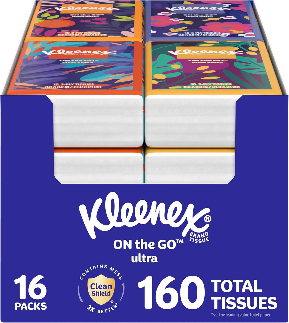 Kleenex On-The-Go Facial Tissues, 16 On-The-Go Packs, 10 per Box, 3-Ply (160 Total), Packaging May Vary