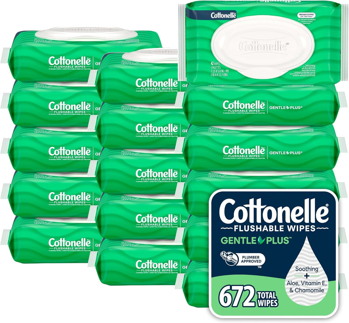 Cottonelle GentlePlus Flushable Wipes, 16 Packs, 42 Wipes per Pack
