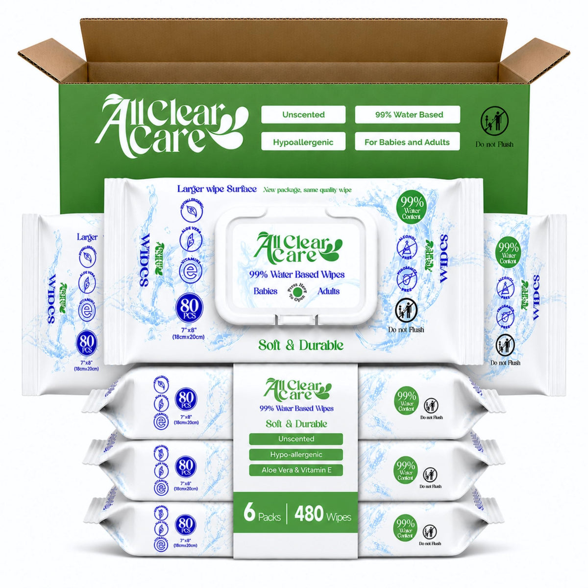 All Clear Care Baby Wipes, Unscented for Sensitive Skin, Large Soft Durable & 99% Water Based, Gentle & Hypoallergenic for Babies & Adults, Vitamin E and Aloe, Flip Top Lid, 3 Pack (240 Wipes)