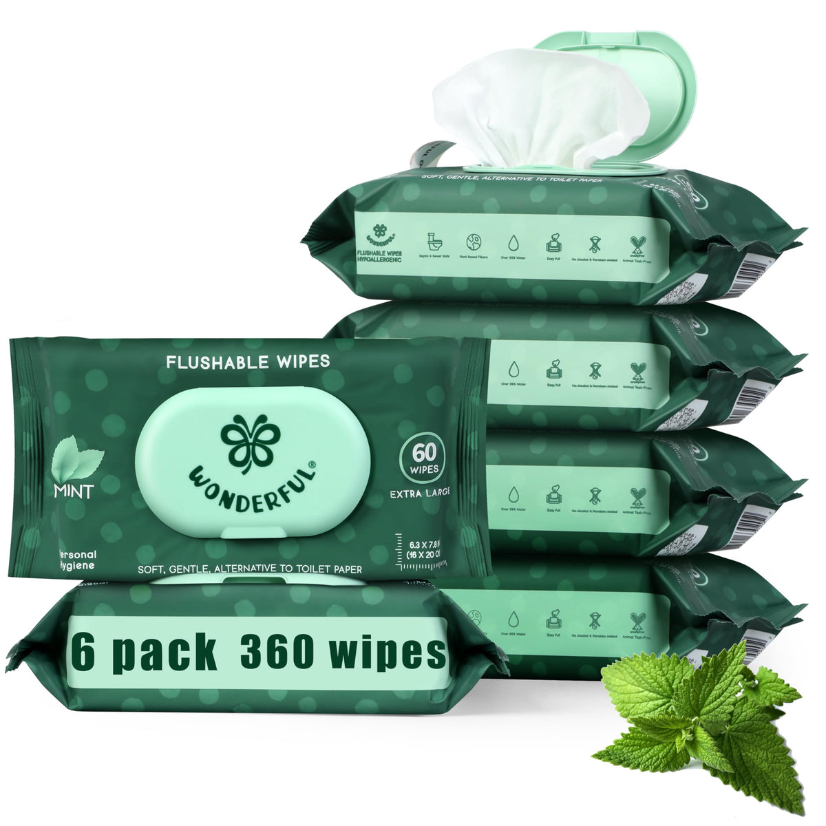 WONDERFUL Flushable Wipes, Unscented 100% Plant-Based Wet Butt Wipe for Adults & Kids, Sewer Septic Safe, Gentle for Sensitive Skin, Wipes Flushable Pack for Bathroom & Travel, 6-Pack (360 Count)