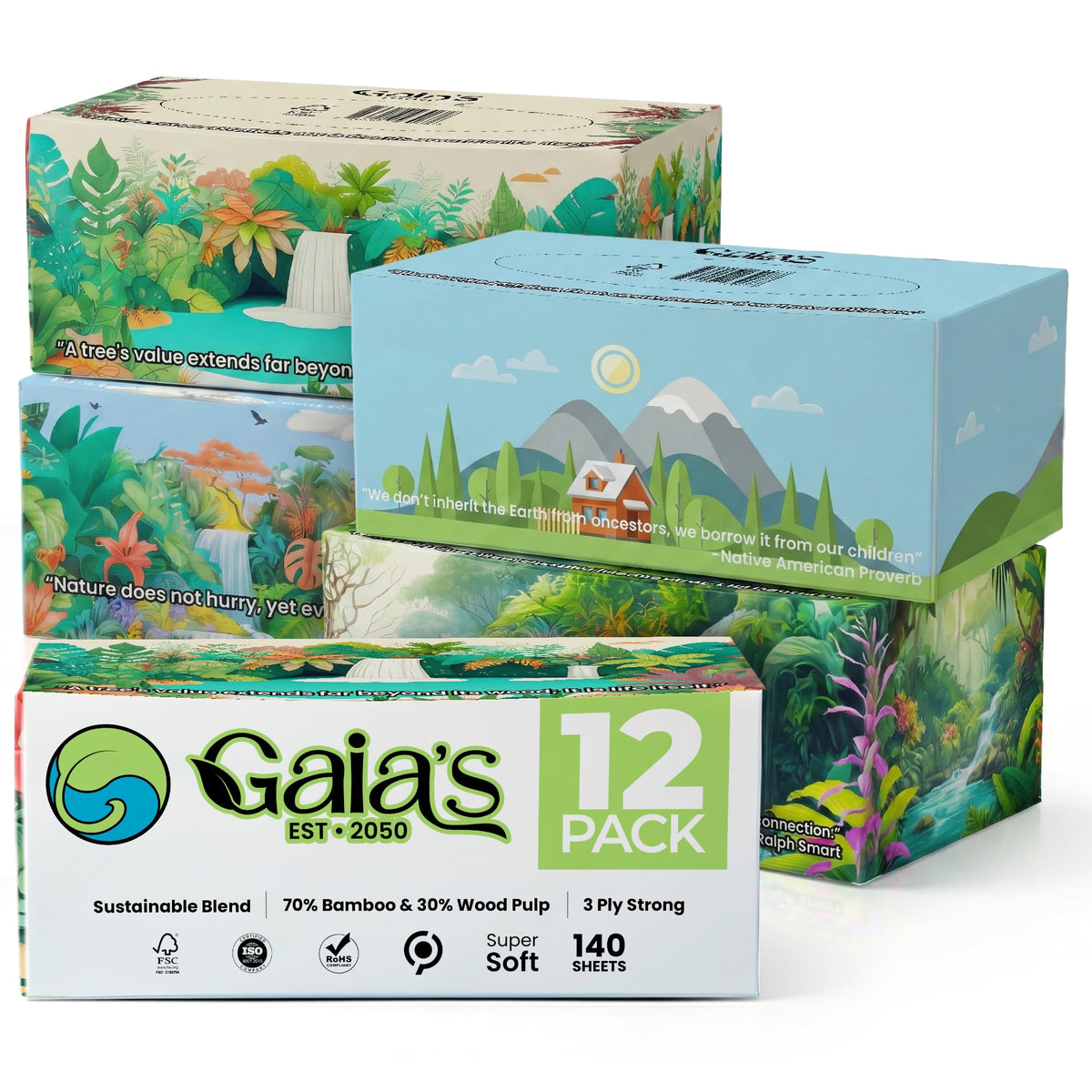 Gaias Premium Bamboo Facial Tissues, 12 fruit boxes, 3 Ply, 80 Sheets/Box - Made From Bamboo, Zero Plastic Packaging, Eco-Friendly, Sustainable, Non-Lotion