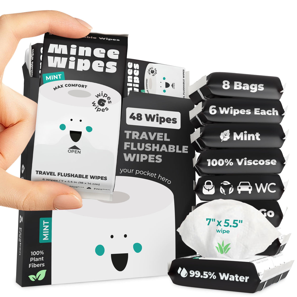 Impossibly Compact Travel Flushable Wipes - 99.5% Water and Aloe - Safe for Sensitive Skin & Hypoallergenic - Travel Essentials for Adults & Kids, Unscented, 8 Pack 48 Wipes