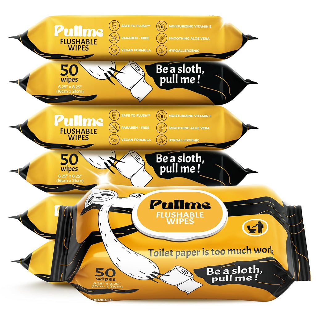 Pack of 6, 300 Counts - Flushable Wipes For Adults, Woman, Man, Family - Travel, Toilet, Bathroom Wipes Flushable Pack - Vitamin E & Aloe - Sewer & Septic Safe