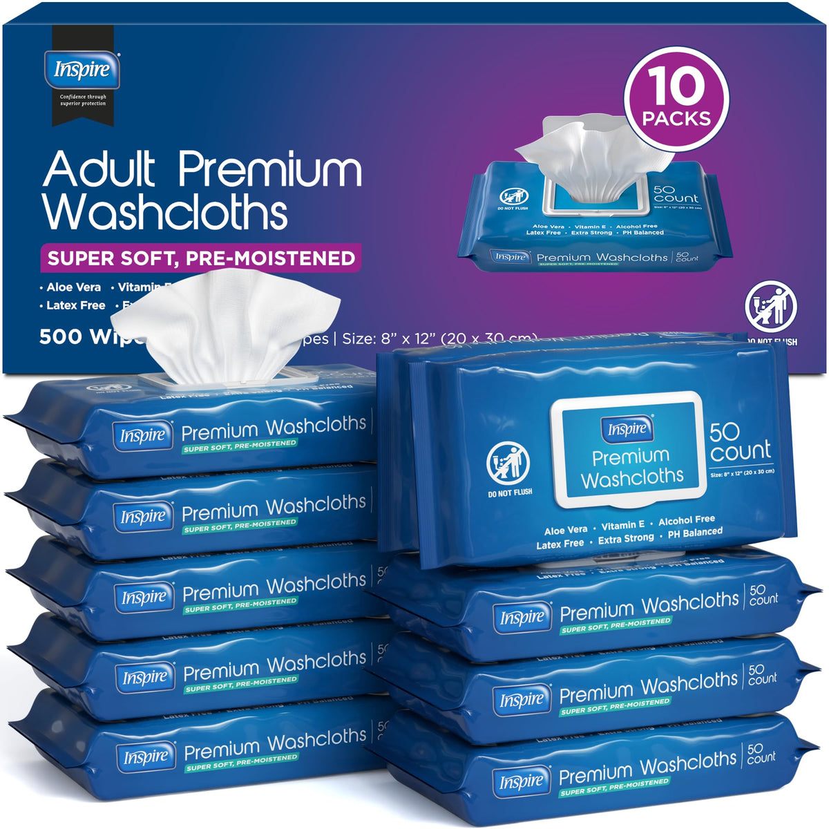 Inspire Adult Wet Wipes, Wash Cloths | Adult Wipes for Incontinence & Cleansing for Elderly, 8"x12" Count 12 packs of 50