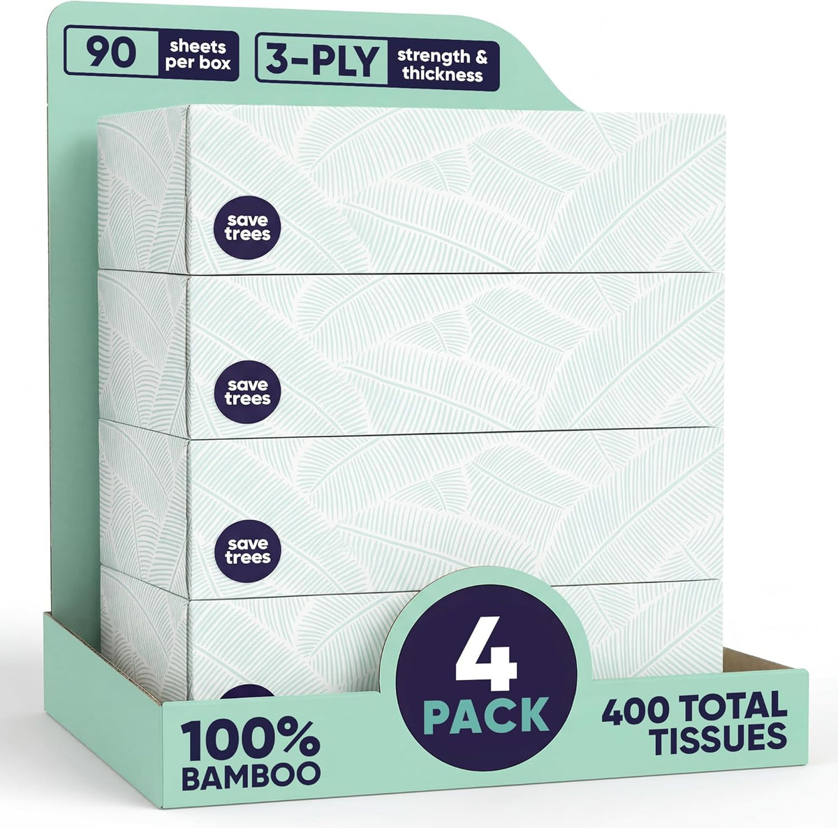 Save Trees Bamboo Facial Tissues - 4 Boxes of Eco-Friendly, 3-Ply Hypoallergenic Tissues, 90 Sheets per Box, FSC Certified, Plastic-Free Packaging, Soft & Gentle for Home Use