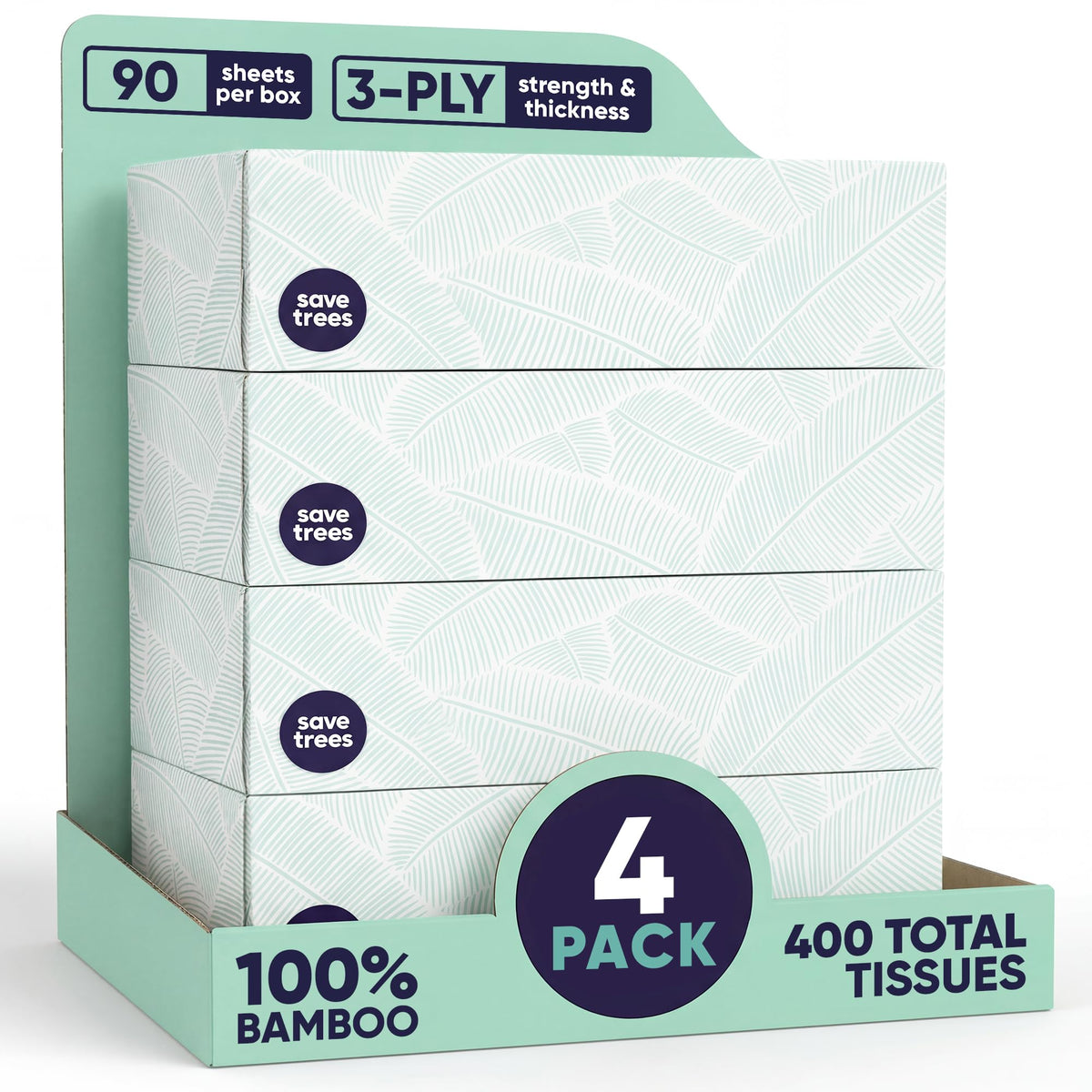 Save Trees Bamboo Facial Tissues - 12 Boxes of Eco-Friendly, 3-Ply Hypoallergenic Tissues, 90 Sheets per Box, FSC Certified, Plastic-Free Packaging, Soft & Gentle for Home Use