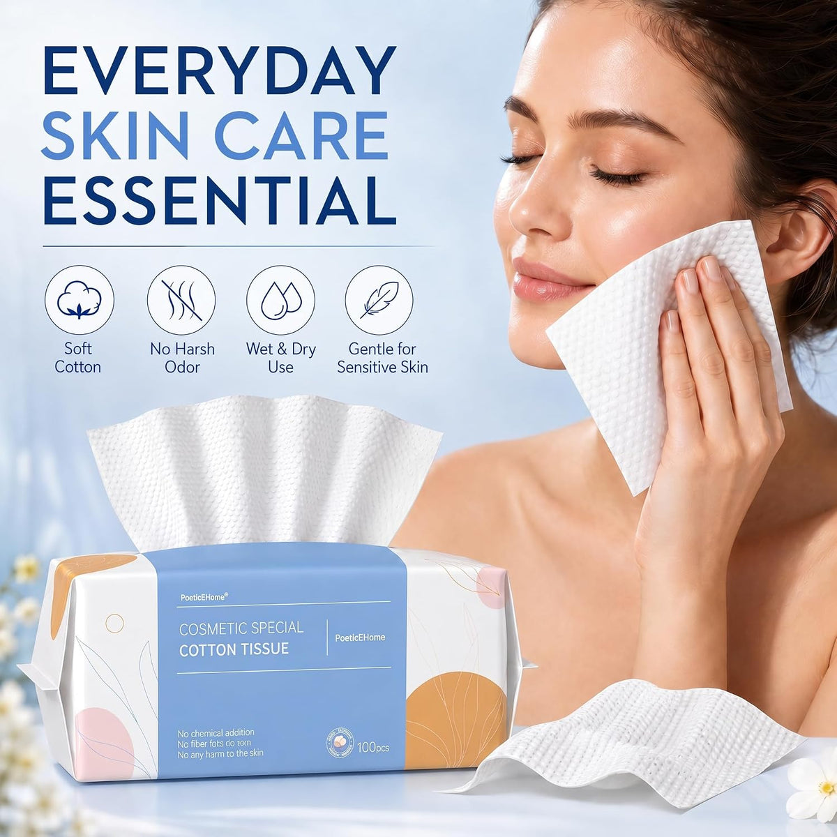 PoeticEHome Disposable Face Towels, Soft Dry Wipes, 6 Pack, 600 Count