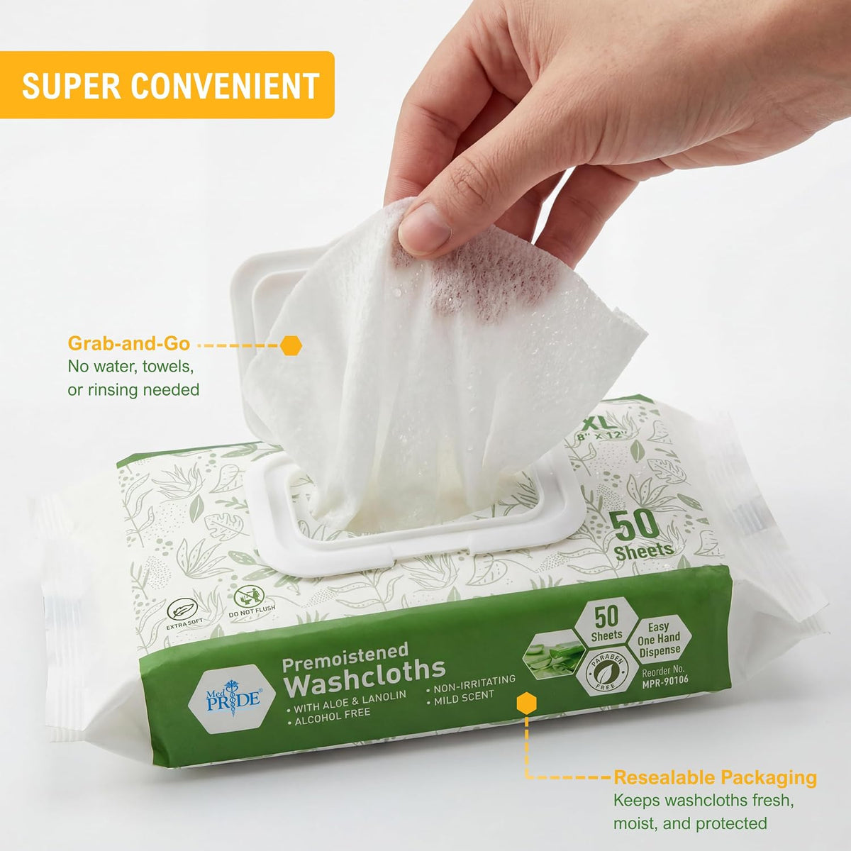 MED PRIDE Premoistened Washcloths 8x12 in with Aloe & Lanolin,600 Count