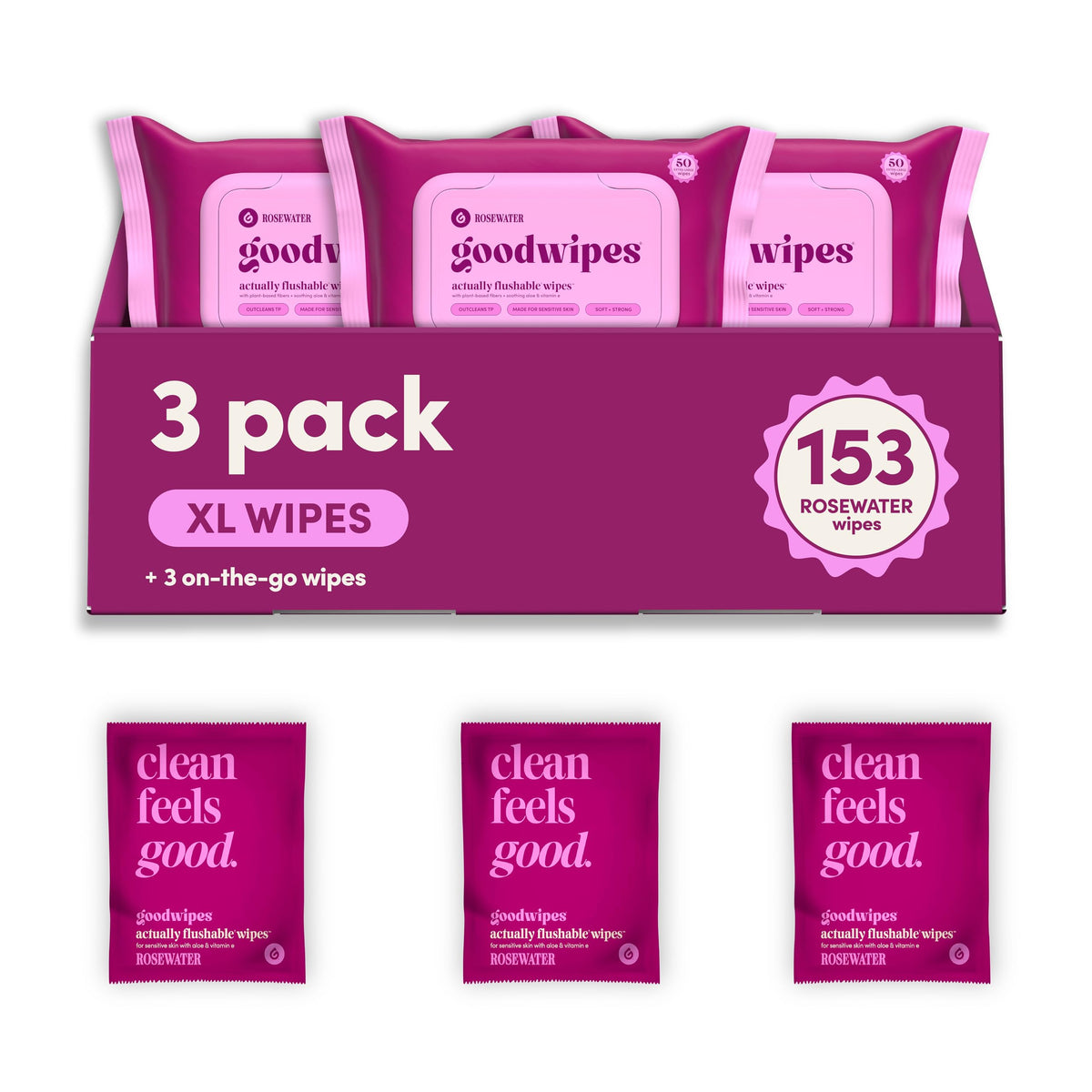goodwipes Flushable Wipes - Rosewater, 153 Wipes (3 Pack + 3 Singles)