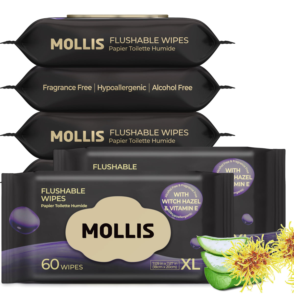 MOLLIS Witch Hazel Flushable Wipes for Adults, Extra Large, 60 Count