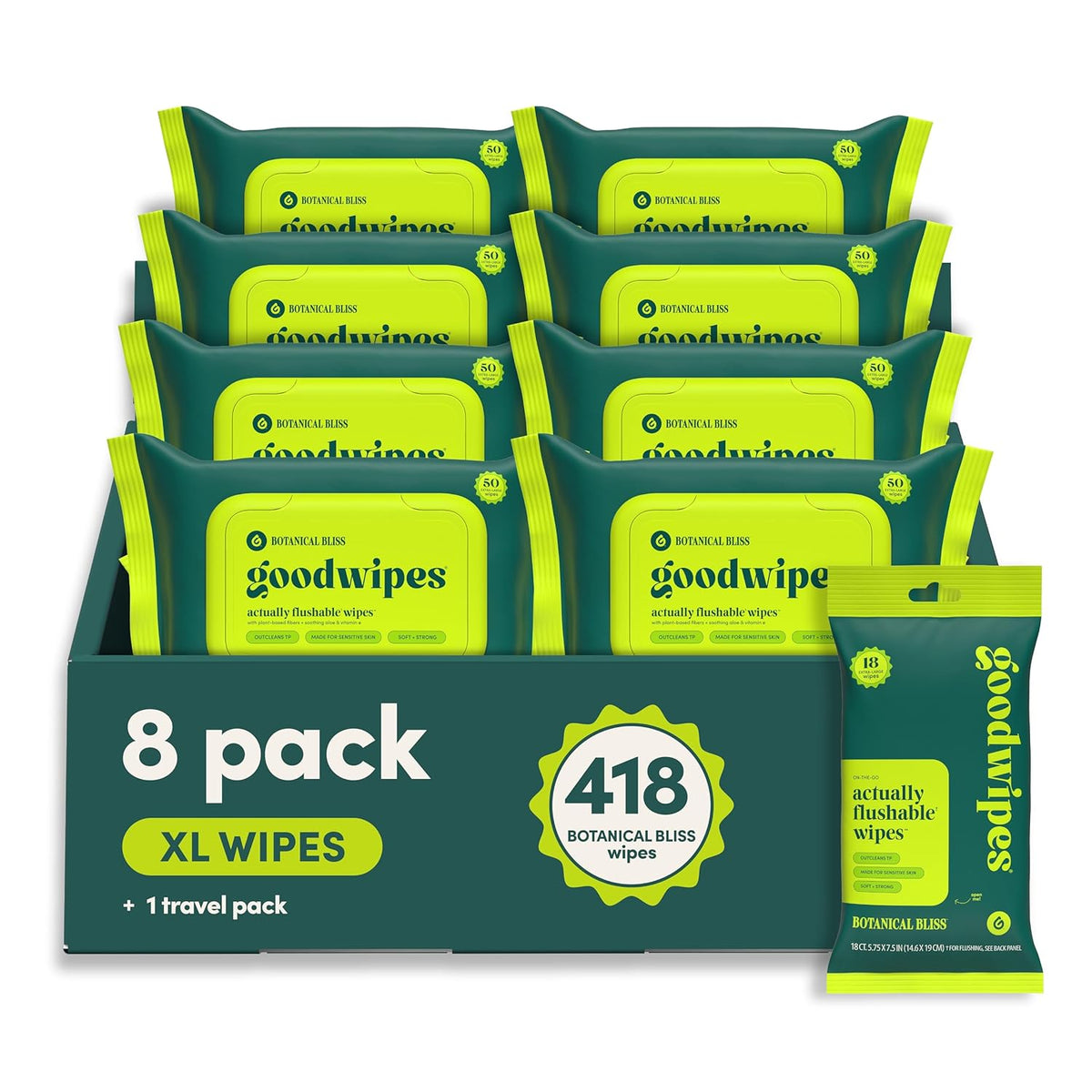 goodwipes Flushable Wipes - Botanical Bliss, 418 Wipes (8 Pack + 1 Travel)